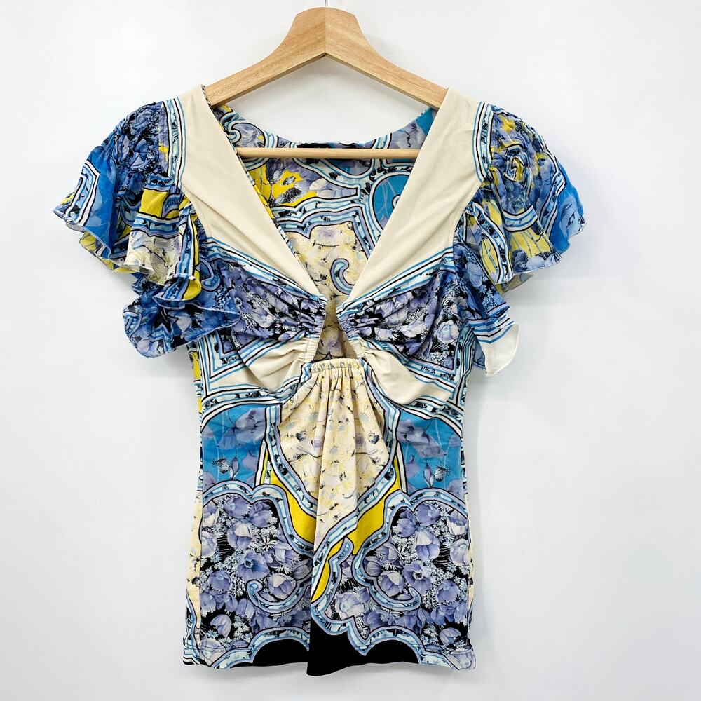 Roberto Cavalli Blue Floral Flutter Sleeve blouse